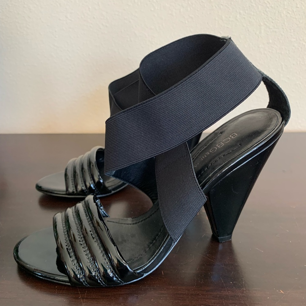 BCBGeneration Brandise Black Patent Elastic Heels/Open Toe Sandal